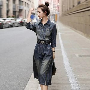 Casual Dresses Denim Shirt Dress Women's 2024 Spring Autumn Pocket Slim Long Sleeved Luxury Jeans With Belt Office Bag Hip