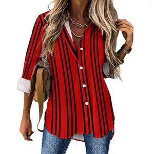 Damenblusen, vertikal gestreifte Bluse, schwarze und rote Linien, cooles Design, lässige Damen-Streetwear-Hemden, Sommer-Langarm-Oversize-Oberteile