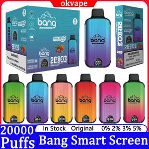 Bang 20000 Puffs Tela Inteligente Vape Descartável Cigarros Eletrônicos Puff 20k 0% 2% 3% 5% 25ml Pré-preenchido Pod 650mAh Caneta de Dispositivo Recarregável