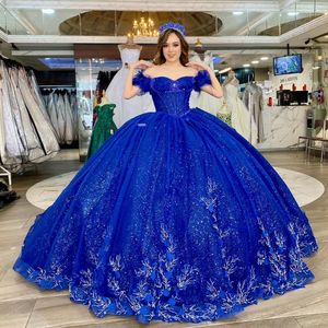 Сияющее синее платье Quinceanera, мексиканское платье Vestido De 15, бальное платье принцессы Sweet 16 на день рождения, тюлевое платье с 3D цветочными бусинами и длинным шлейфом