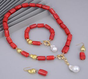 GuaiGuai Jewelry Natural White Baroque Pearl Red Corals Gold Color Plated Brushed Beads Necklace Bracelet Earrings Sets For Women1894593