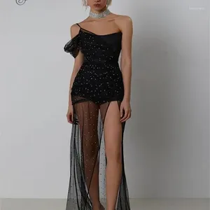 Casual Dresses Women Sleeveless One Shoulder Sheer Mesh See Through Sequins Dress Included Black Bodysuit Two Piece Set Evening Party