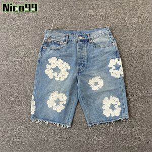 Kapok Foam Tränen Druckmuster Schwarz Blau Wäsche Wäsche Amerikaner Hundert Sommer Straight Men and Women Denim Shorts