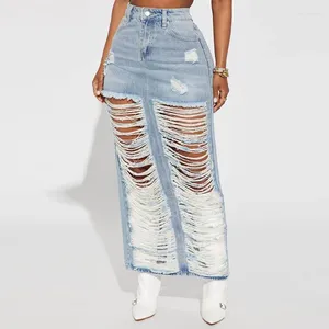 Gonne Denim Con nappe effetto effetto vissuto Jeans maxi Donna Vita alta Bottoni Slim Gonna lunga scavata Pantaloni streetwear casual