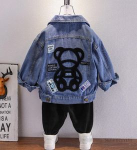 Ragazzi simpatico orso stampato giacca di jeans bambini bavero manica lunga lettera etichettatura capispalla casual bambini cartoon cowboy top Q19538298028
