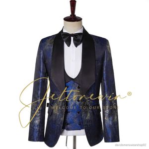 Men's Suits Blazers High Quality Blue Jacquard 3 Pieces Men Suit Set Groom Wedding Tuxedo 2022 Tailor Made Luxury Formal Slim Fit Terno Masculino