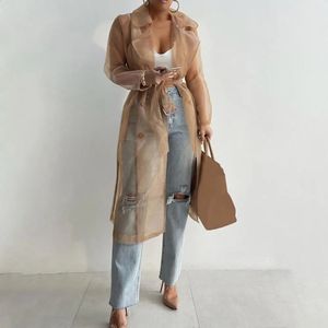 Women Shirt Coat Spring Summer See Through Outdoor Tops Elegant Net Yarn Turn Down Collar Long Trench for Daily Wear 240219