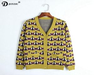 Joydu 2018 Yeni Pist Kış Hardigan Vintage Sarı Çizgiler Arı Jakard Vneck Uzun Kollu Jersey Örme Kazak Kadın Jumper Y5963344