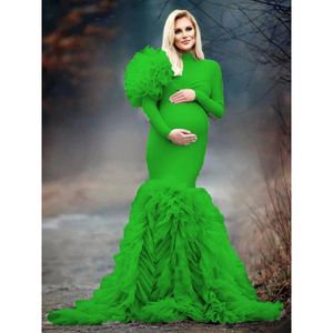 Full Sleeves Tulle Maternity Prom Dresses High Neck Evening Dress Custom Made Photo Lush Ruffles Flowers Celebrity Party Gown