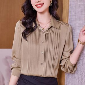 Kadın bluzları gerçek ipek gömlek 2024 bahar yaz zarif gömlekler moda kadınlar için moda uzun kollu üstler ofis bayan katı bluz