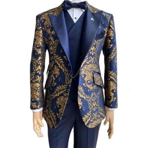 SZMANLIZI Latest Design Smoking Navy Blue Gold Floral Blazer Men Suits 3 Piece Groom Tuxedos For Wedding Custom Terno Masculino 240125
