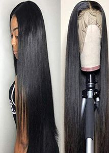 Silk Top Spets Front Wig Straight Human Hair Natural Black Glueless Wig Silky Lång stor genomsnittlig mössstorlek Peruk med babyhår7600485