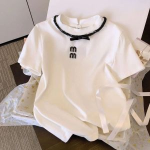 디자이너 티셔츠 여자 miu 편지 짧은 슬림 셔츠 럭셔리 편지 다이아몬드 hraphic tee 캐주얼 슬림 풀오버 T 셔츠 탑