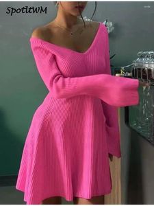 Casual Dresses Women Autumn Ribbed Knit Sweater Short Dress 2024 Fashion Long Sleeve V-neek Ruffles Mini Female Solid Sexy Robes