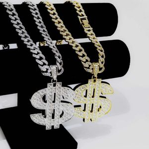 Pingente de diamante grande em liga de dólar americano com grande corrente de ouro e design de colar cubano em estilo hip-hop