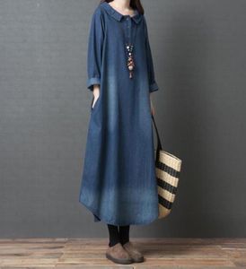 Casual klänningar kvinnor vintage denim maxi klänning 2021 vår sommarlång ärm lös boho kaftan jeans robe tunika plus size7796626