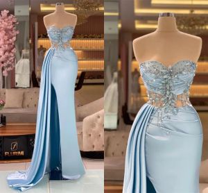 Charming Light Blue Mermaid Evening Dresses Illusion Top Crystals Sweetheart Pleats Satin Split Party Occasion Gowns Prom Dresses Wears BC18178