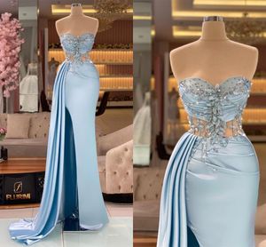 Charming Light Blue Mermaid Evening Dresses Illusion Top Crystals Sweetheart Pleats Satin Split Party Occasion Gowns Prom Dress Wears BC18178