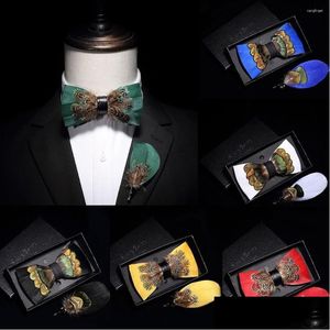 Bow Ties Gusleson Orijinal Tasarım Erkekler El Yapımı Doğal Tüy Tail Kalitesi Önceden Bağlı Bowtie Düğün Partisi için Hediye Kutusu Drop Deli Dhrfc