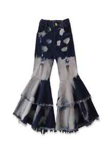 Baby Girls Flare Pants Double Ruffle Tassel Denim Pants Kids Casual Clothes Girls Elastic Midje Pocket Trousers Boot Cut Jeans 0607026657