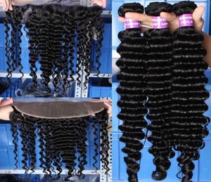 Brasilianskt mänskligt hår med spetsens frontal stängning 13x4 Deep Wave Curly Full Spets Frontal Bleached Knots med mänskligt hårvävbuntar6581680