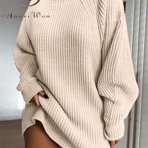 Women Turtleneck Oversized Knitted Dress Autumn Solid Long Sleeve Casual Elegant Mini Sweater Winter Clothes y240130 240312