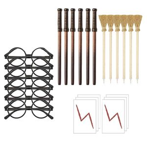 Sunshade 24Piece Witch Broom Pencil Wand Pencils Tattoo Stickers Glasses With Round Frame No Lenses For Birthday Theme Party