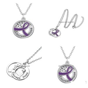 Hänghalsband GX055 Cancermedvetenhet Purer Ribbon Sier Plated Strength Hope Courage Love Letters Hollow Round Pendant Necklace Fo DH8FS