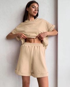 Women's Tracksuits WOTWOY Summer Basic Cotton T-shirt Straight Shorts Women Short Sleeve Solid Tops Elastic Waist Wide Leg Harajuku Ladies