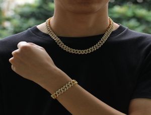 12 mm Miami Cuban Link Chain Naszyjnik Bracelet zestawów do męskiego Bling Hip Hop lodowane Diamentowe Złotne Srebrne Raper Łacze