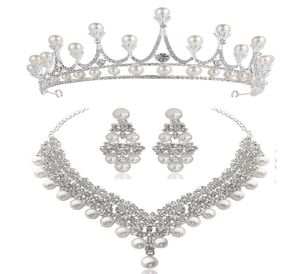 Vit kristallpärlkrona örhängen halsbandsmycken set brud bröllop smycken elegant mode kubik zirkonium diamant smycken2777995