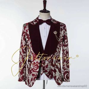 Erkekler Suits Blazers 3 adet düğün için damat takım elbise seti 2022 resmi lüks bordo Jacquard Terno Maskulino Completo İnce Fit Smokin