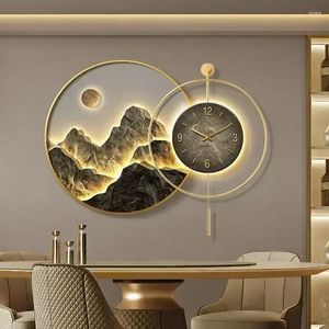 Wall Clocks Decorative Painting With Clock Back Hanging High-end Living Room Landscape Light Luxury Mural