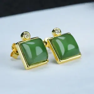 Stud Earrings S925 Sterling Silver Green Jade Square Women Fine Jewelry Genuine Natural Hetian Jades Nephrite Golden Earring