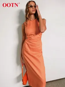Повседневные платья, элегантное длинное платье с высокой талией и круглым вырезом, летнее платье без рукавов, сексуальное женское оранжевое хлопково-льняное пеникл 2024