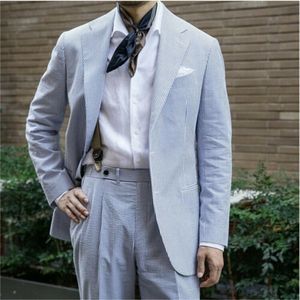 est Arrival Blue Striped Seersucker Men's Summer Soft Suits Leisure Beach Formal Tuxedos Two Pieces SuitJacketPants 240123