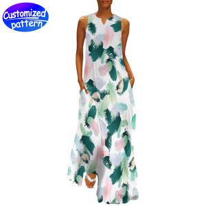 Women custom slim-fit sleeveless ankle-length dress HD pattern spring/summer fashion simple 100% polyester 253g color contrast