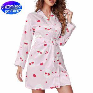 Женская ночная рубашка с длинным рукавом и поясом на заказ, повседневная семейная пижама с HD узором «сделай сам», модная 100% полиэстер, 273 г, белая