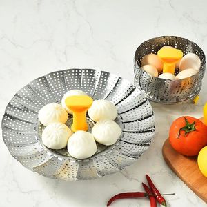 Vassoio per alimenti pieghevole a scomparsa pieghevole in acciaio inossidabile a doppia caldaia Vassoio per alimenti con maniglia multifunzione Lotus Cestini di frutta Accessori da cucina