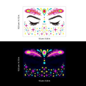 Adesivo per tatuaggio temporaneo impermeabile Adesivo per viso fluorescente al neon in maschera Festival musicale Incandescente tatuaggio finto Trucco Glitter