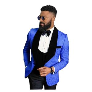 Klassisk Royal Blue Floral Slim Fit Custom Made Mens Suits 2024 Bröllopsdräkter för brudgummen Tuxedos 3 stycken Groomsmen Suits Man 240125