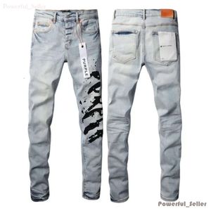 Lila varumärke lila jeans män jeans high street blå trasiga hål denim byxor nödställda smala passformade byxor grossist 2 stycken 10% dicount 3955