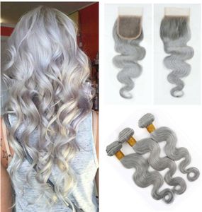 Brazylijska fala ciała ludzkie włosy splot 3 pakiety szare ludzkie włosy wiązki z zamykaniem Sliver Gray Virgin Hair 44 TOP Closure9370094