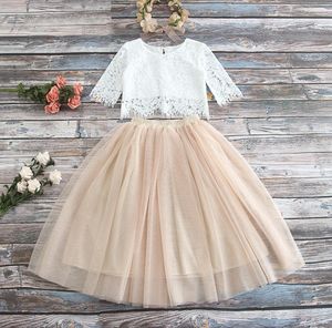 Girls lace sets hollow crochet short sleeve tops tulle tutu skirts 2pcs kids princess outfits children party clothing A015937107554