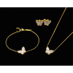 V AF 18K Gold Fashion Classic Sweet 4/Four Leaf Clover Butterfly Armband örhängen Halsbandsmycken Set för S925 Silver Van Women Girls Wedding Valentines Day Gifts