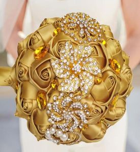 Jane Vini Luxury Gold Crystal Wedding Bouquet For Brides Shiny Rhinestone Diamond Wedding Flowers Bridal Bouquets Artificial Roses6921174