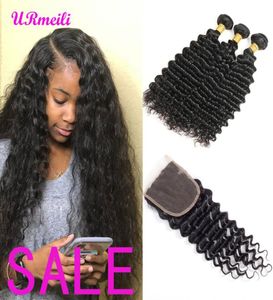 URmeili deep wave bundles with closure 10A Grade brazilian deep wave curly virgin human hair human hair wet wavy bundles with clos4670923