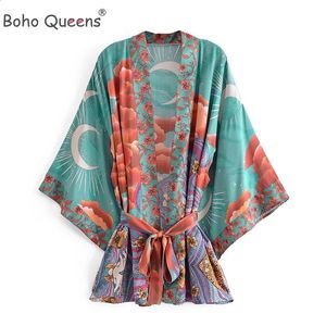 Boho Queens 여성 꽃 프린트 배트 슬리브 비치 보헤미안 기모노 드레스 레이디스 V 목 레이온면 짧은 로브 kimono 240219