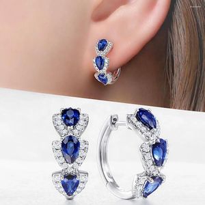 Kolczyki stadnowe Eleganckie niebieskie topaza szafir szlachetne cyrkon Diamonds Hoop Hoop On For Women 14K Białe Złoto Prezenty biżuterii