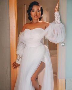 Arabic Aso Ebi Vintage White 2024 Wedding Dresses Bride Robes Bridal Shower Dress Off Shoulder Lono Sleeve Side Slit Sweep Train Beaded Tulle Appliaues
